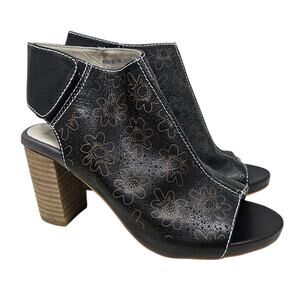 L'Artiste Spring Step 36 Black Floral Fab Slingback Peeptoe Sandal Heel Boho
